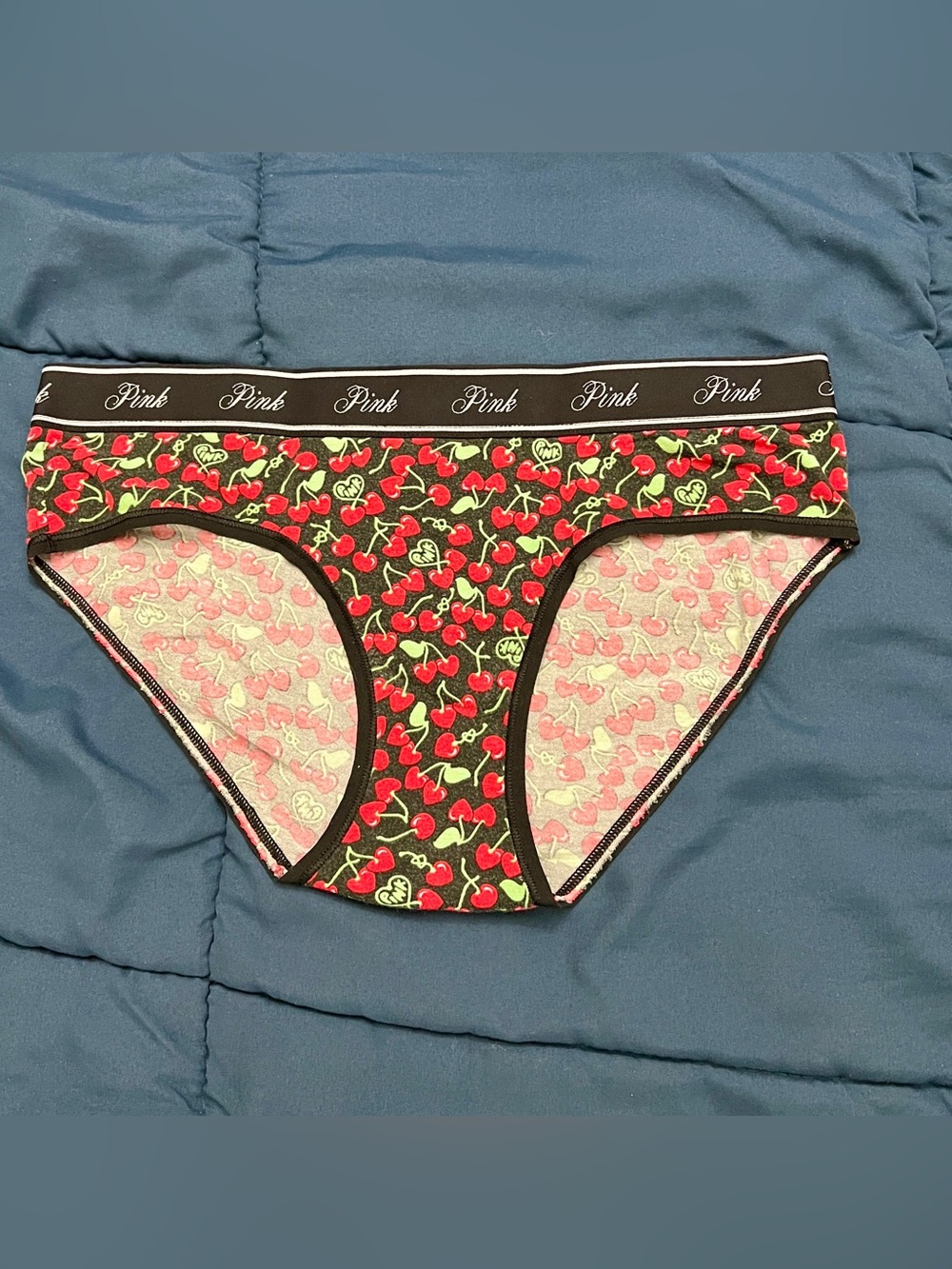 Retired Victoria's Secret PINK black cherry logo band Hiphugger panties Medium - Picture 2 of 4